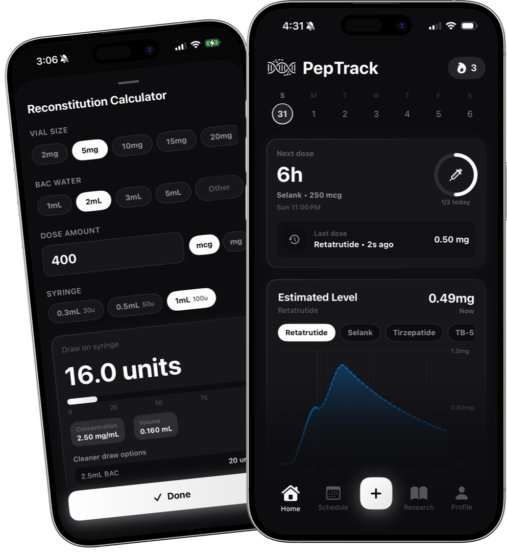 PepTrack on iPhone: the reconstitution calculator and the home screen showing next dose and estimated level